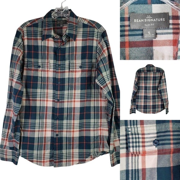 LL Bean Mens Button Down Shirt Blue Plaid Small Slim Fit Long Sleeve Lodge - Picture 1 of 10